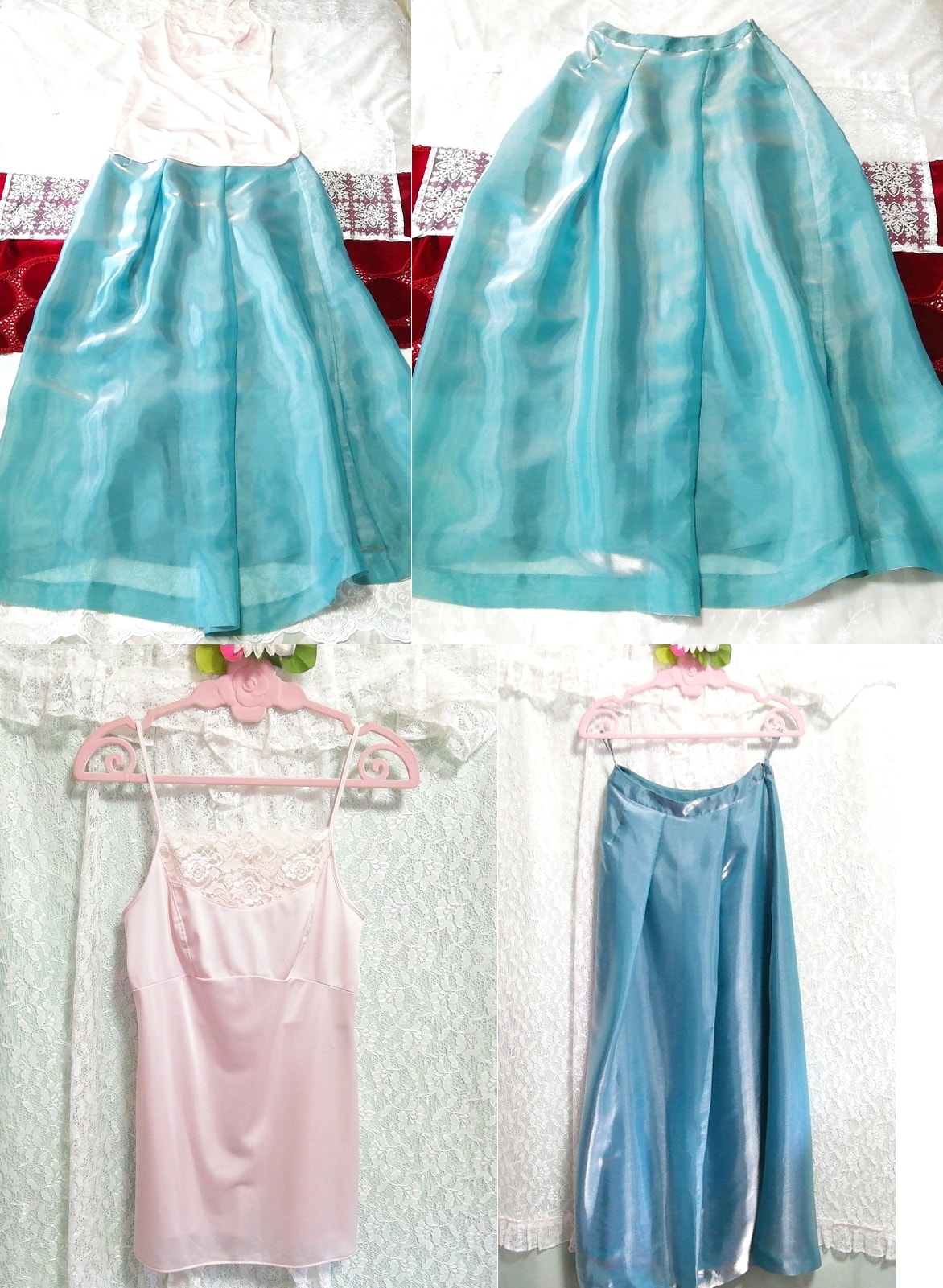 핑크 캐미솔 네글리제 나이트가운 새틴 맥시 스커트 2P, 패션, 숙녀 패션, 잠옷, 잠옷