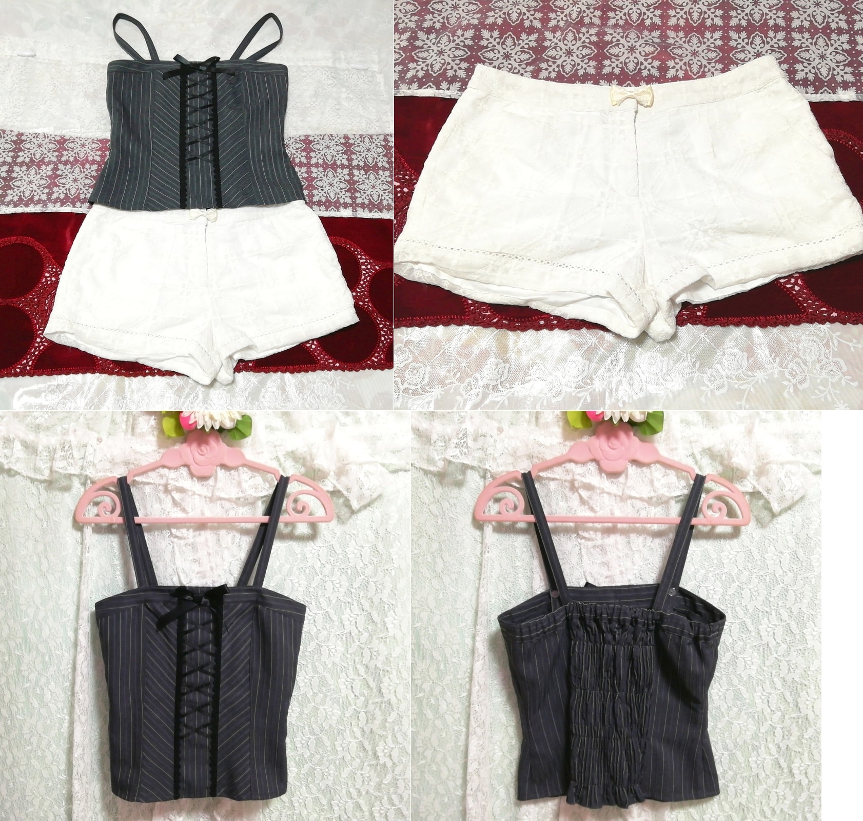 Graues Camisole-Negligé-Nachthemd, weiße enge Shorts, 2 Stück, Mode, Frauenmode, Nachtwäsche, Pyjama