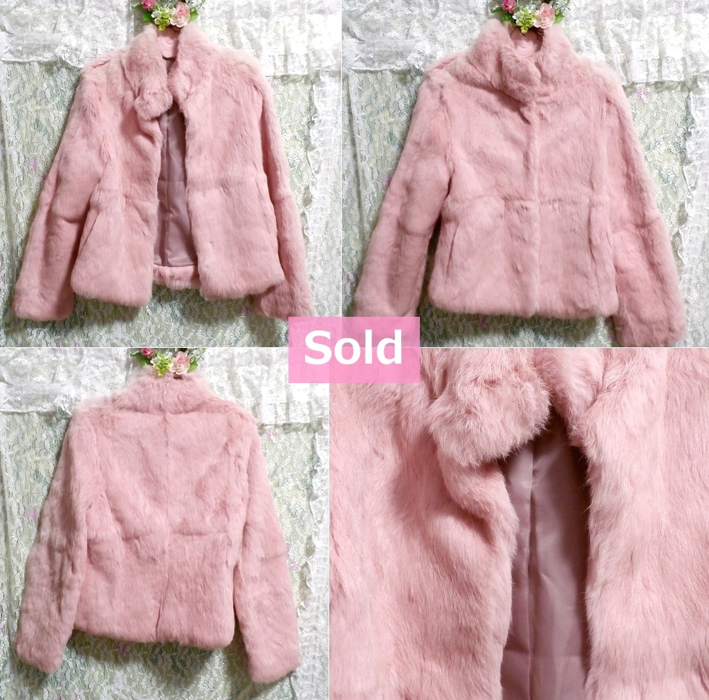 Lindo abrigo de piel de conejo color melocotón rosa forro morado / exterior