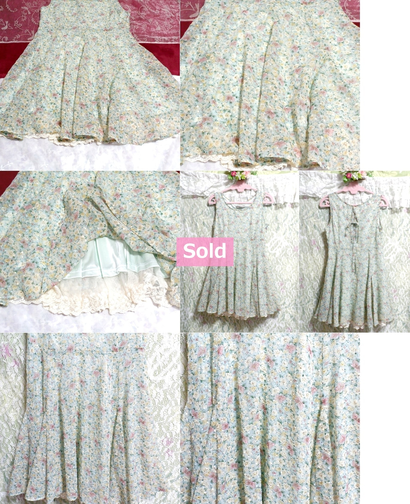 緑グリーン花柄シフォンミニスカートワンピース/チュニック Green floral pattern chiffon sleeveless mini skirt onepiece/tunic
