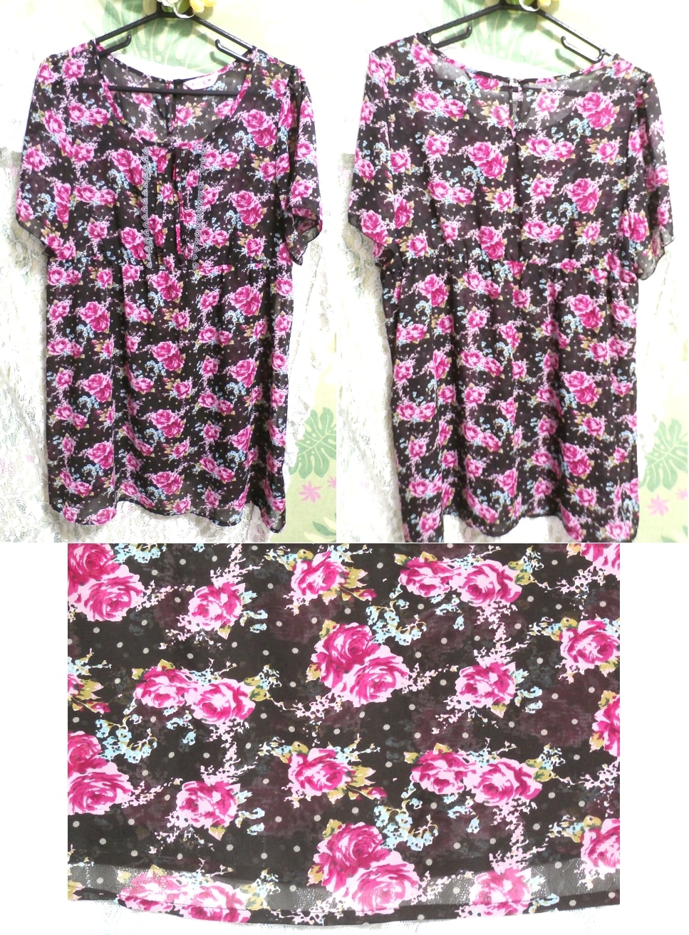 ピンクと黒バラ花柄ネグリジェチュニックワンピース Pink and black rose flower pattern negligee tunic dress, チュニック, 半袖, XLサイズ以上