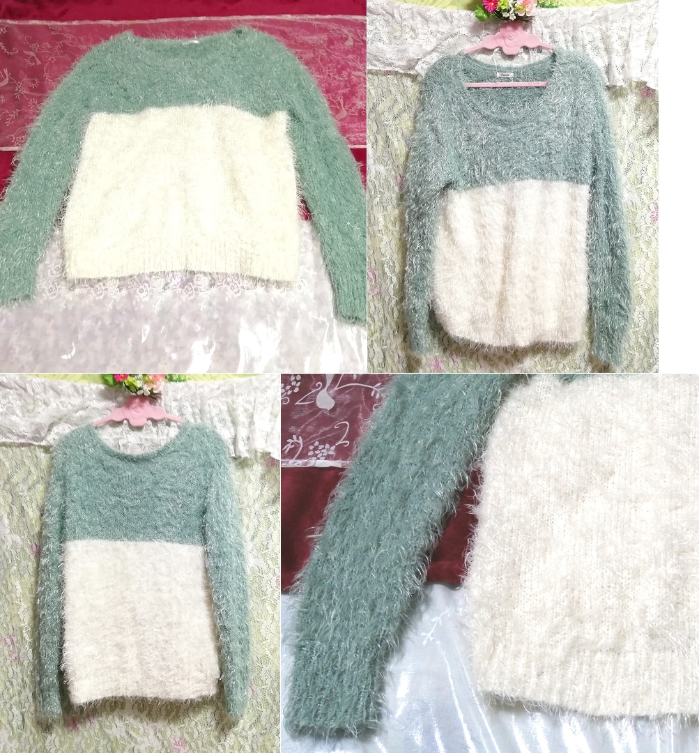 绿白条纹蓬松长袖毛衣针织上衣, 针织, 毛衣, 长袖