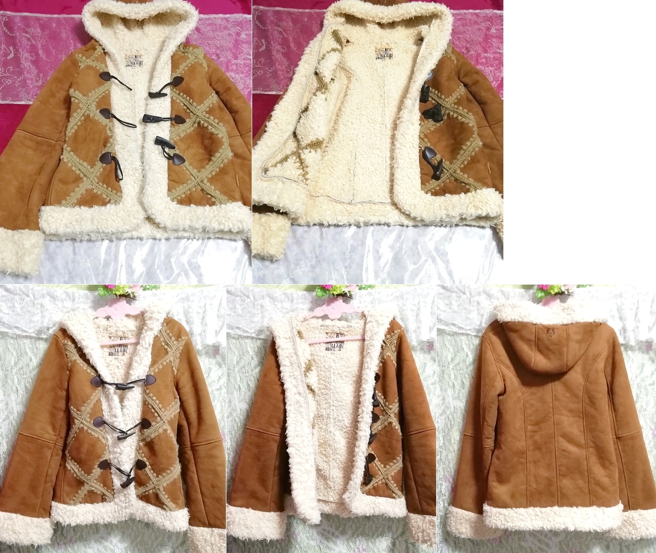 Brown floral white boa duffle coat cloak outerwear, coat, coat in general, m size