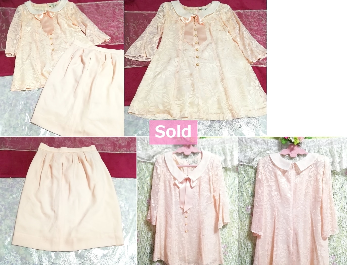 ピンク桜色絹の襟ブラウスとスカート2点スーツセット Pink sakura color silk collar blouse skirt 2 suit set