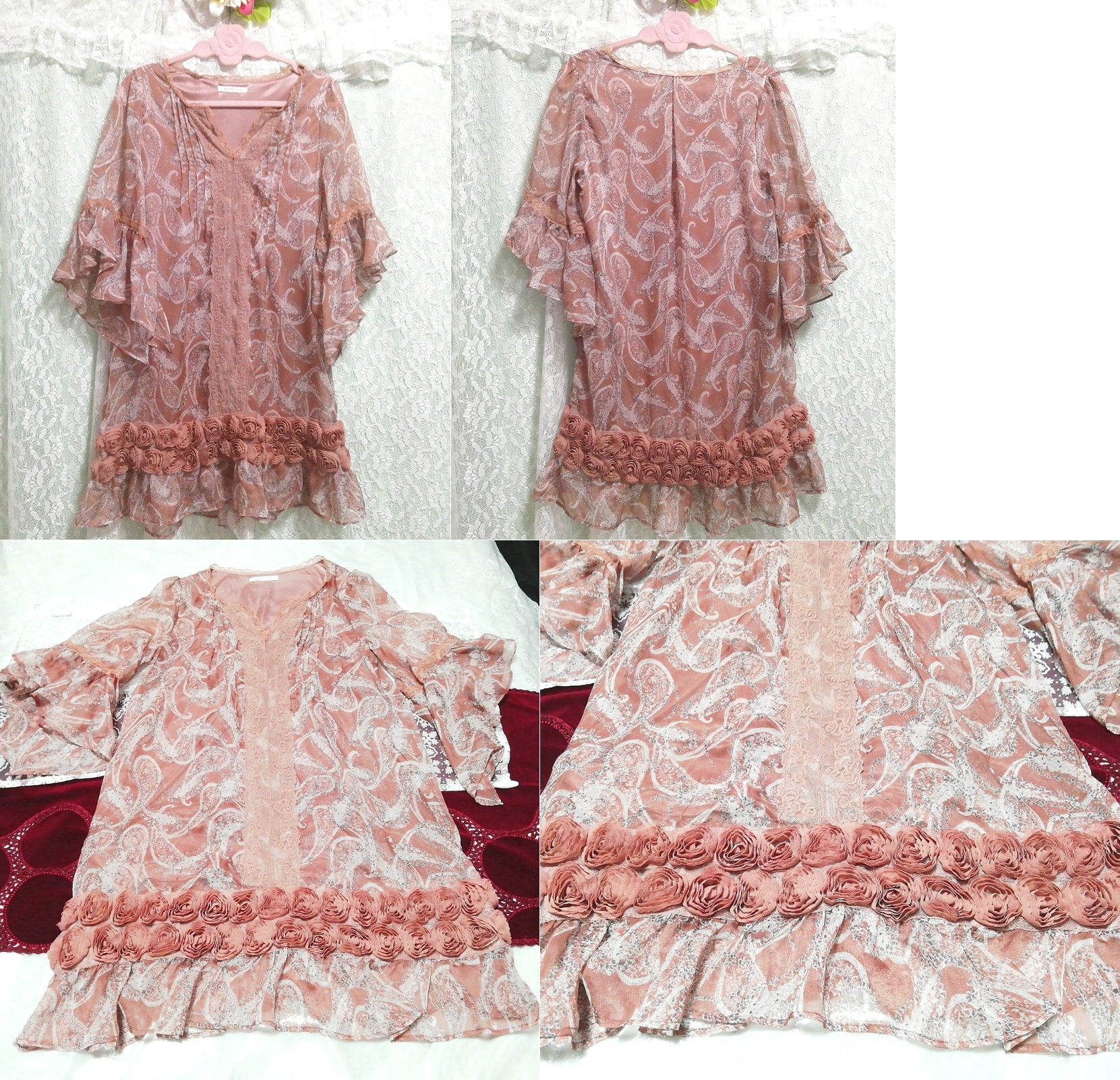 Cocoa color rose print chiffon negligee nightgown tunic, knee length skirt, m size