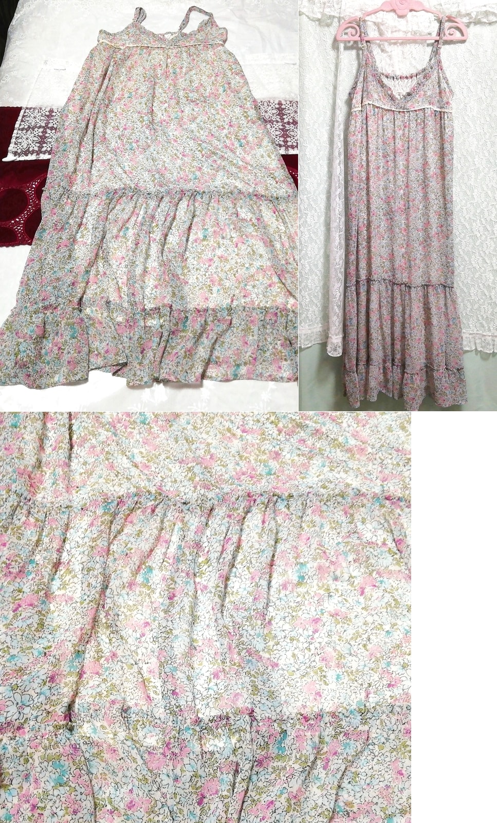 浅蓝色粉色花卉图案雪纺睡衣吊带背心超长连衣裙, 长裙