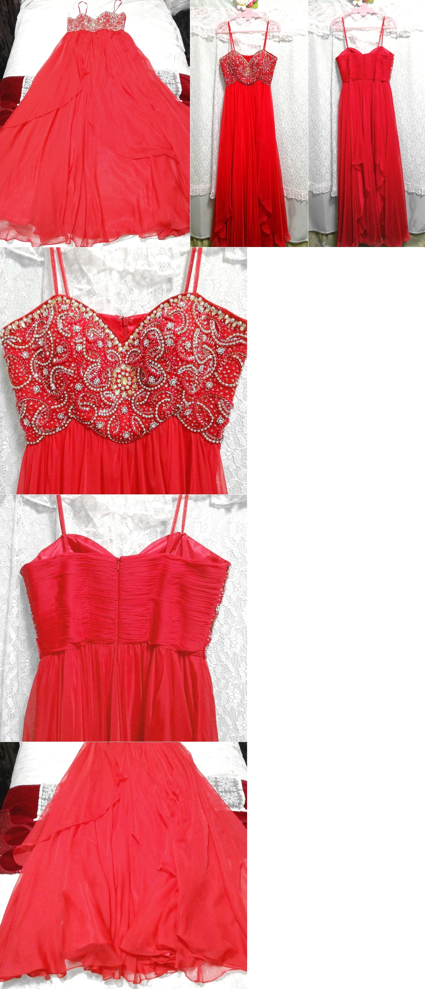 真紅赤豪華シフォンネグリジェキャミソールマキシワンピースドレス Crimson red luxurious chiffon negligee camisole maxi dress, ワンピース, ロングスカート, Mサイズ