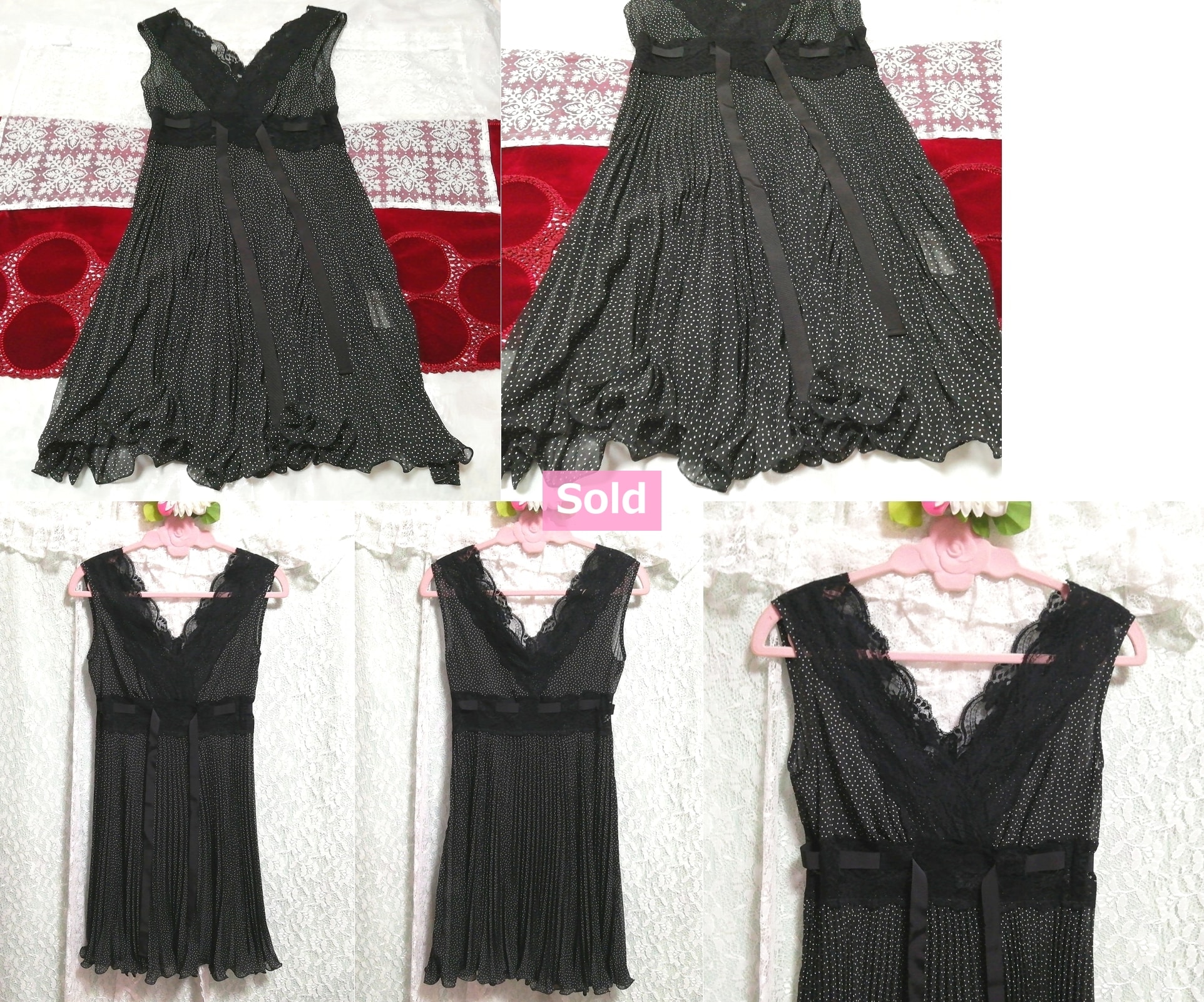 블랙 레이스 폴카 도트 쉬폰 네글리제 나이트가운 나이트웨어 민소매 드레스, 패션, 숙녀 패션, 잠옷, 잠옷