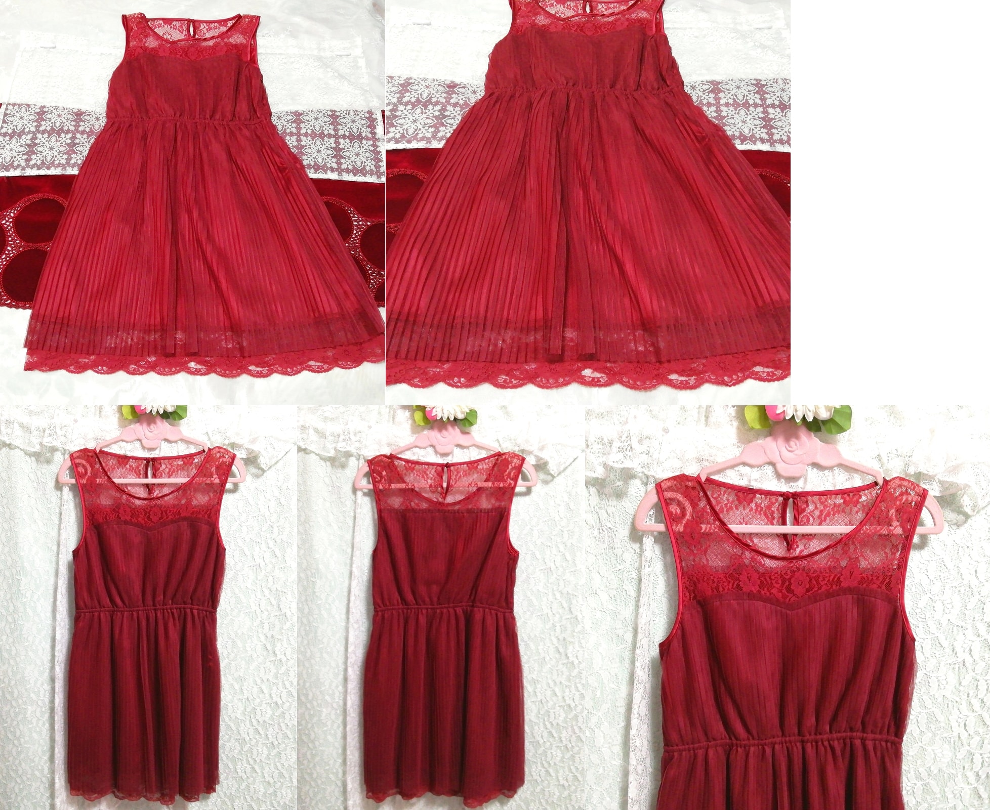 Robe de nuit sans manches en dentelle rouge avec jupe plissée en mousseline de soie, mode, mode féminine, vêtement de nuit, pyjamas
