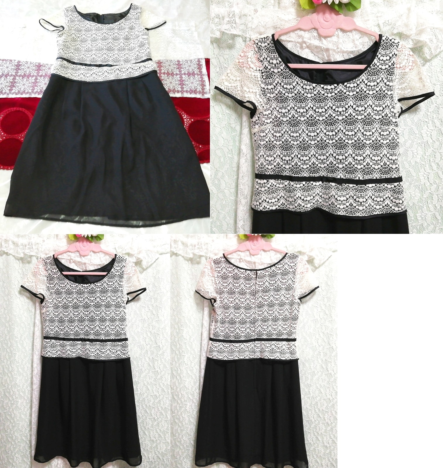 Kurzärmliges Tunika-Negligé-Nachthemdkleid mit weißem Spitzenrock und schwarzem Chiffonrock, Tunika, Kurzarm, Größe m