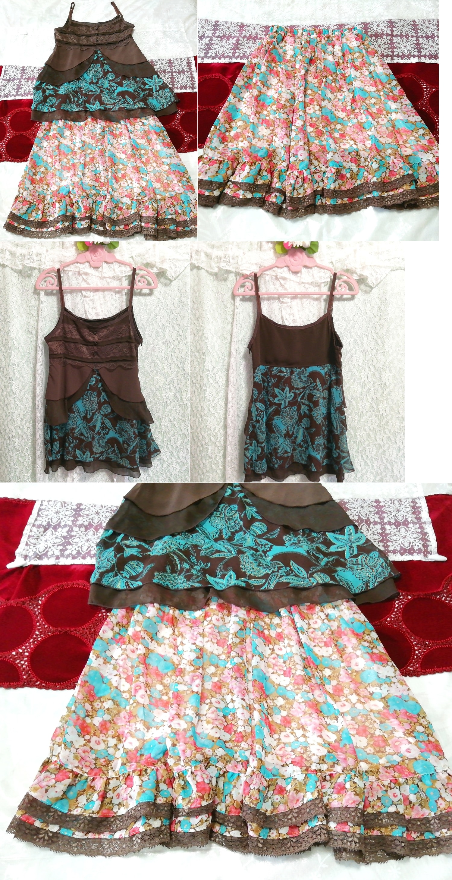 에스닉 쉬폰 캐미솔 네글리제 나이트가운 하늘색 홍백 꽃무늬 플레어 미니스커트 2P, 패션, 숙녀 패션, 잠옷, 잠옷