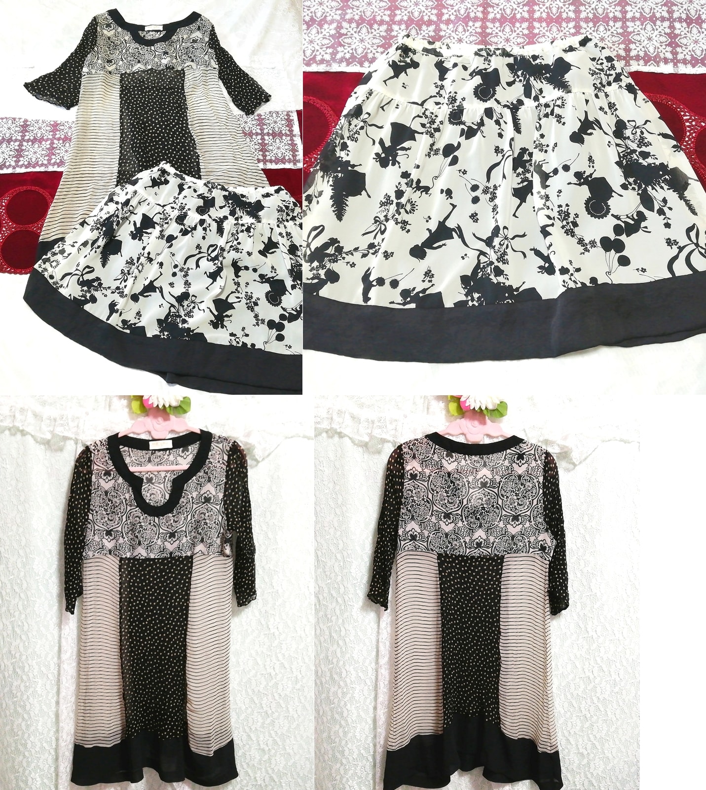 Black and white chiffon see-through tunic negligee nightgown cutout silhouette miniskirt 2P, fashion, ladies' fashion, nightwear, pajamas