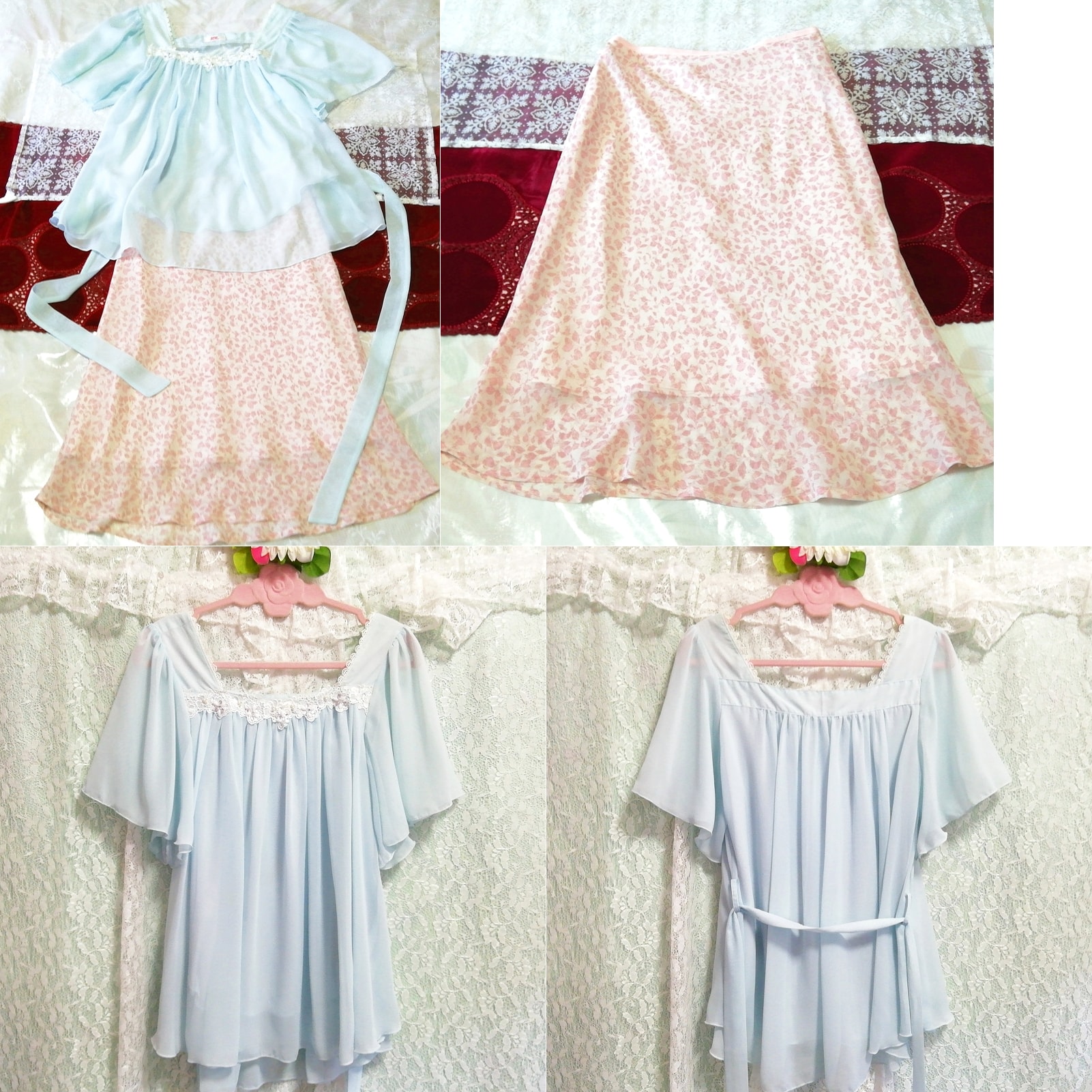 연청색 쉬폰튜닉 네글리제 나이트가운 나이트웨어 핑크꽃무늬 스커트 2P, 패션, 숙녀 패션, 잠옷, 잠옷