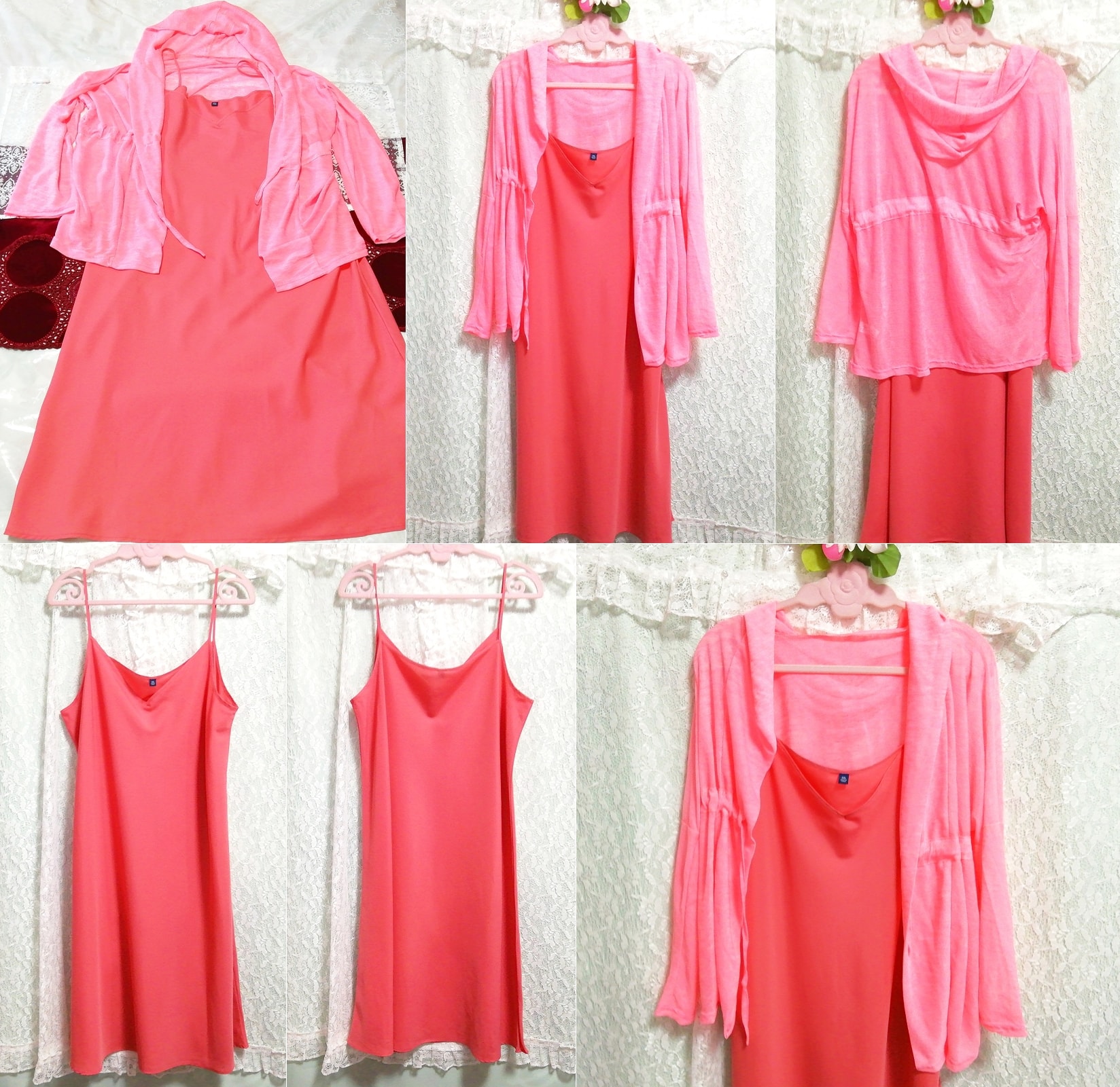 Cárdigan rosa fluorescente camisón camisón camisola 2P, moda, moda para damas, ropa de dormir, pijama