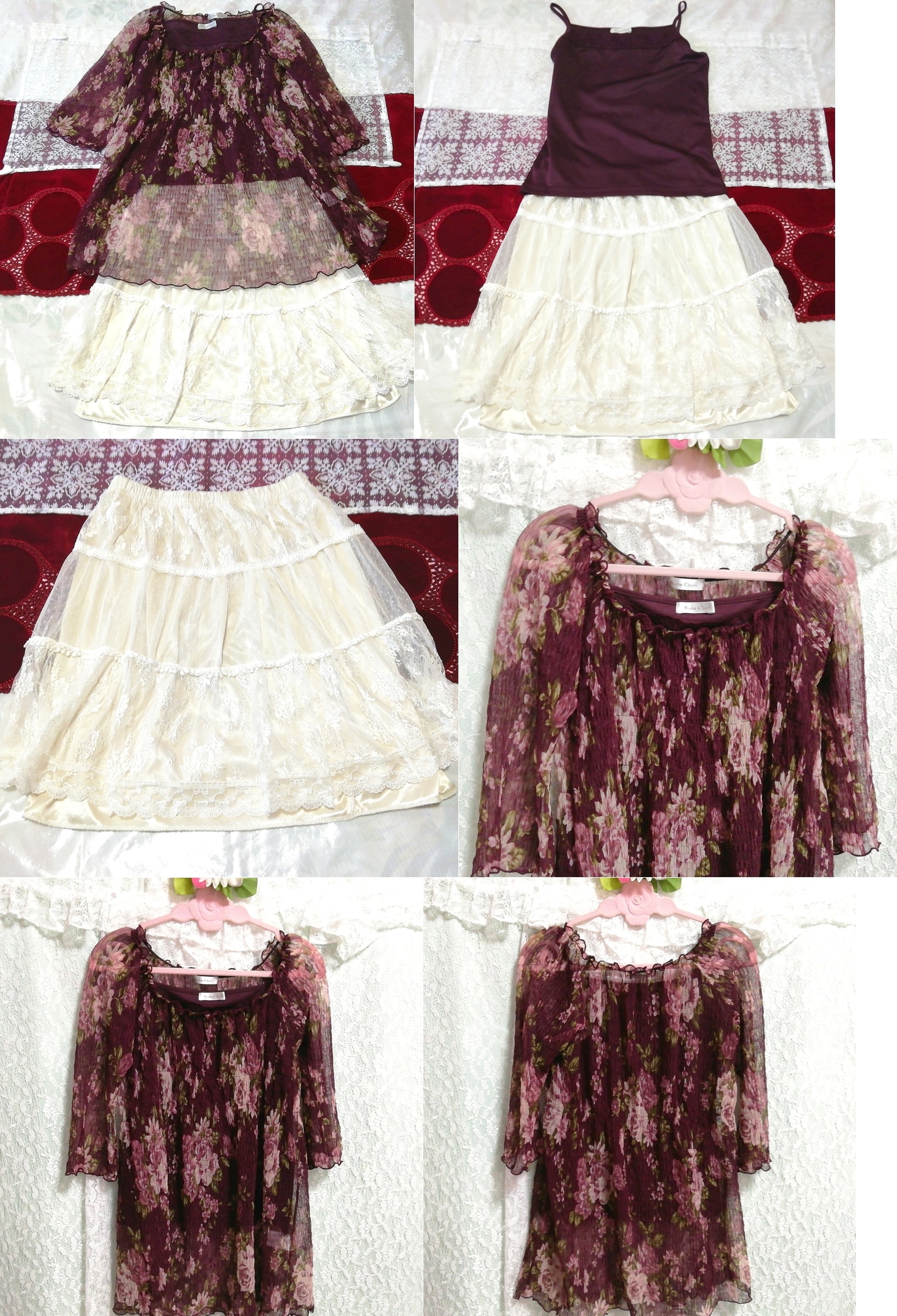 보라빛 꽃무늬 쉬폰 시스루 튜닉 캐미솔 네글리제 나이트가운 화이트 스커트 2P, 패션, 숙녀 패션, 잠옷, 잠옷