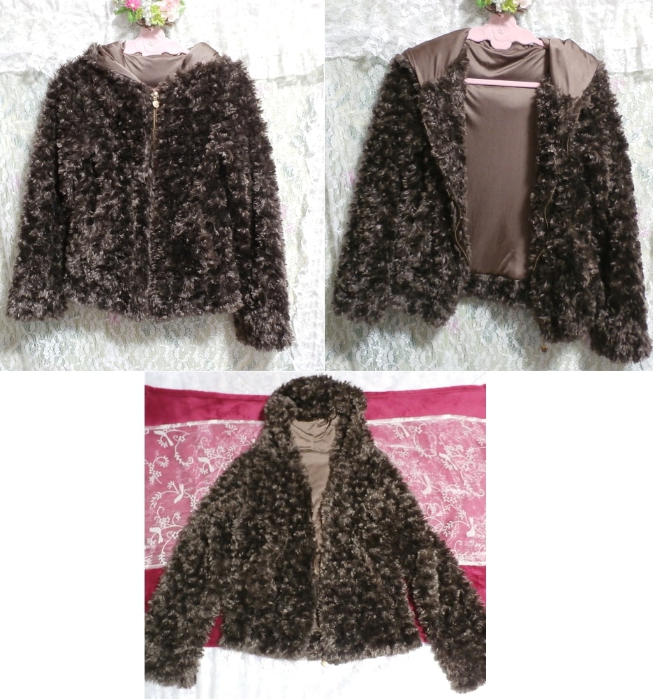 Dark brown fluffy hooded cardigan outerwear, ladies' fashion, cardigan, m size
