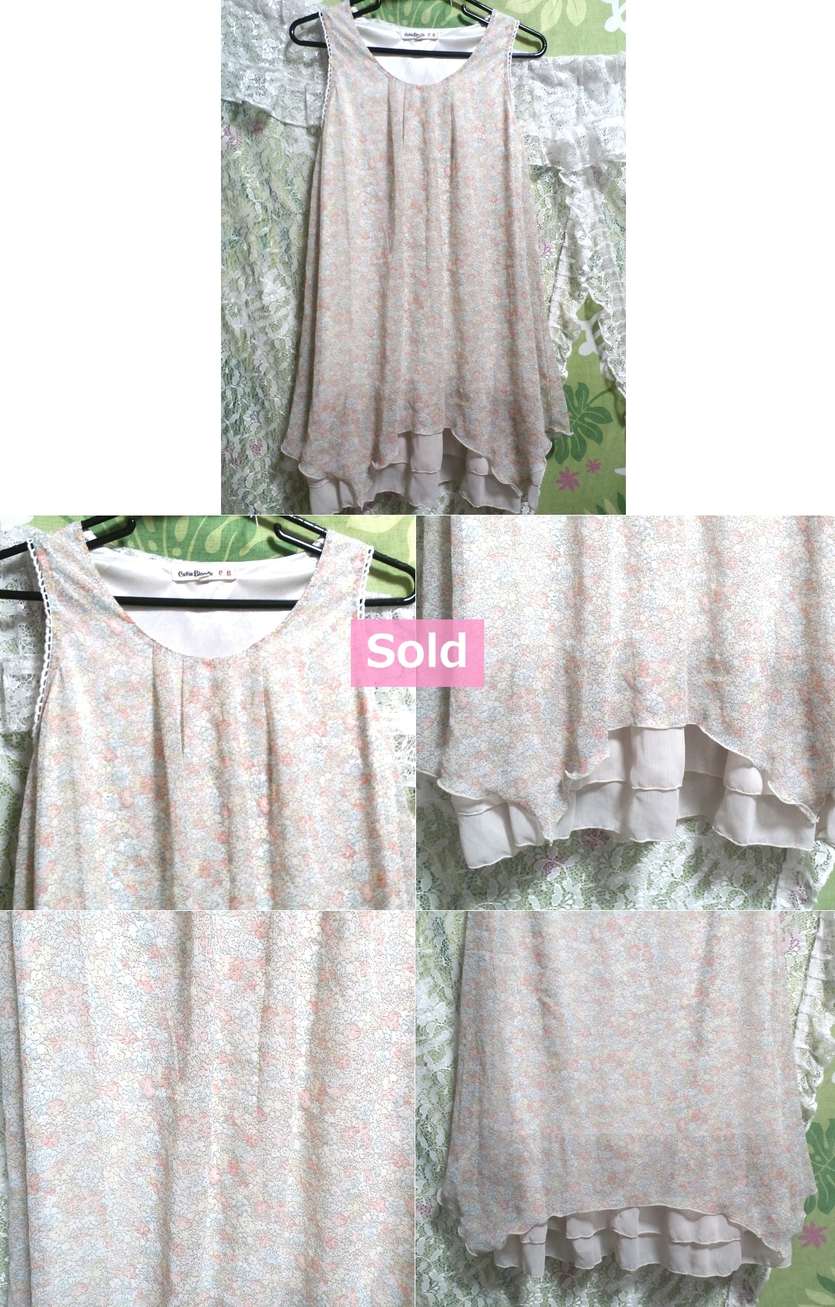 Pale floral two-tiered frilled skirt / chiffon / camisole / sleeveless / tunic / dress Ruffle skirt / chiffon / camisole / tunic / onepiece