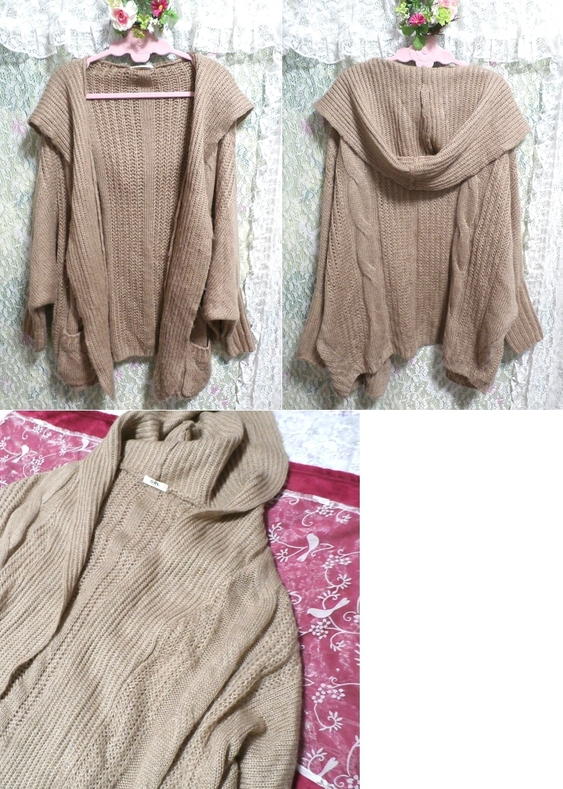 Flaxen hooded hand-knitted cardigan haori, ladies' fashion, cardigan, m size