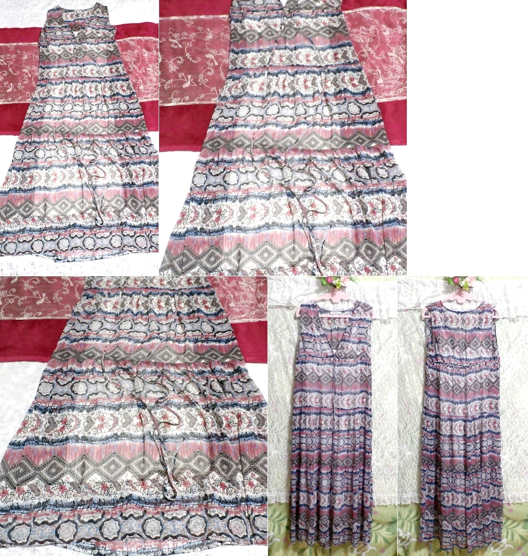 Blue pink white ethnic pattern chiffon negligee nightgown maxi dress, long skirt, m size