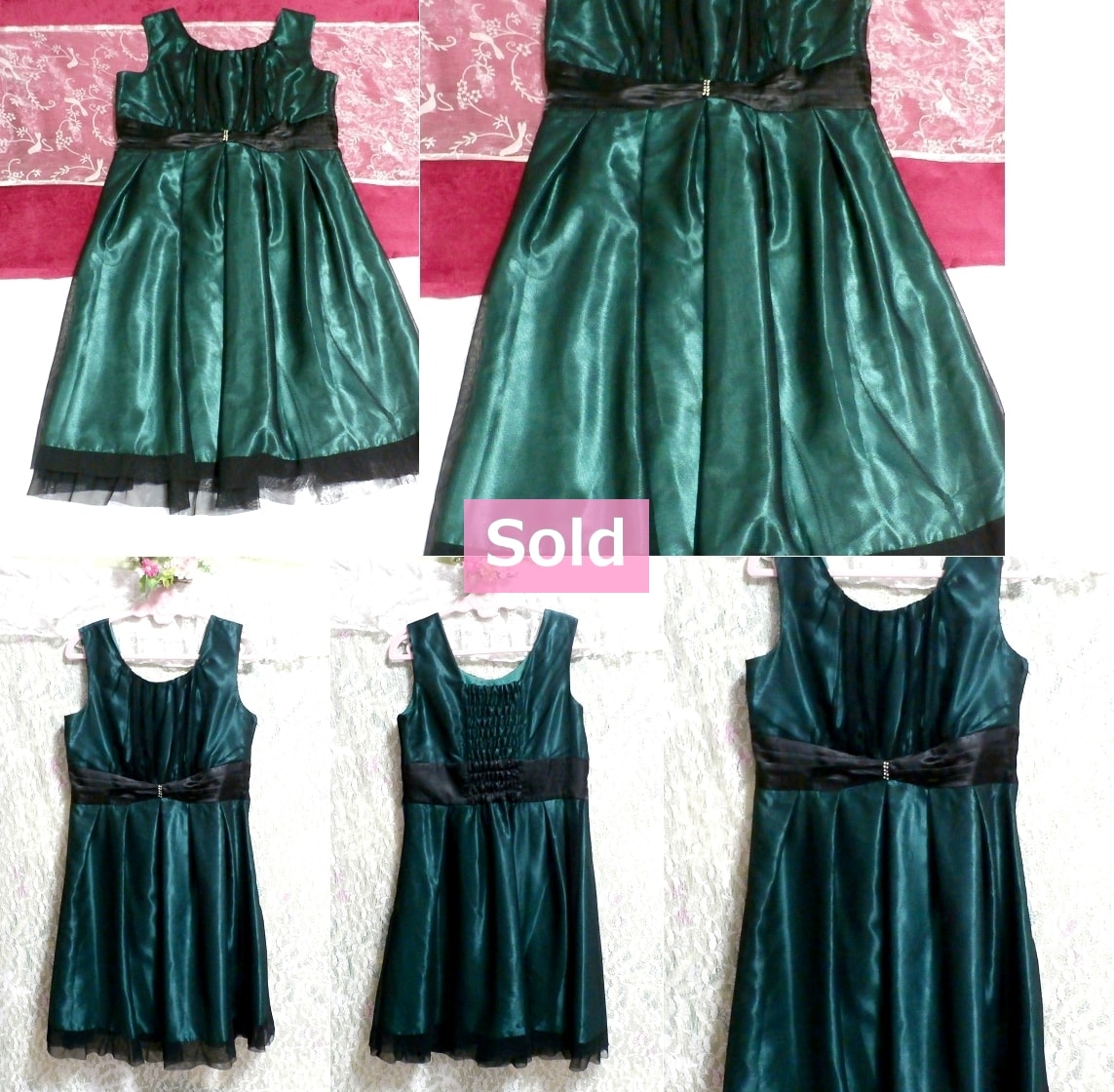 エメラルドグリーンと黒レース光沢ワンピースパーティドレス Emerald green black lace gloss onepiece party dress