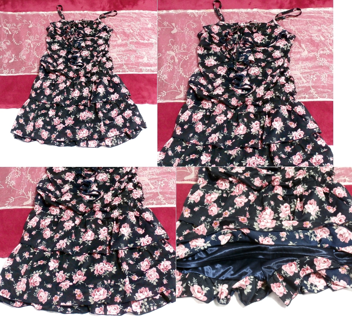 Black navy floral pattern camisole chiffon negligee nightgown culotte dress, fashion, ladies' fashion, camisole