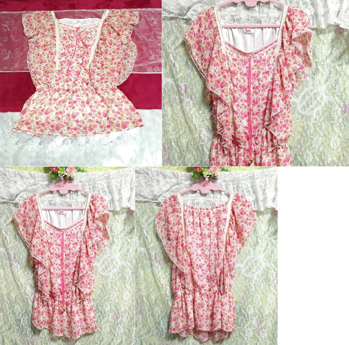 Cute rose floral pattern pink ruffle negligee nightgown tunic dress, tunic, short sleeve, m size