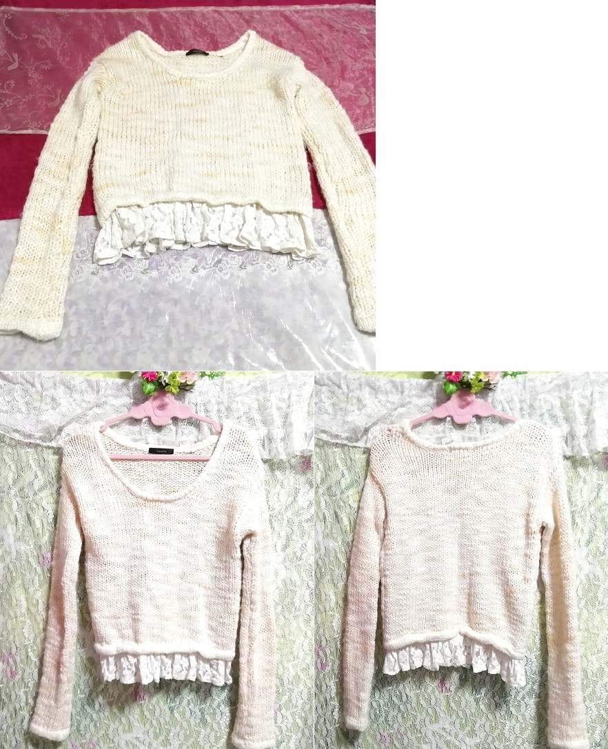 Snow white ivory white hem lace long sleeve sweater knit tops, knit, sweater, long sleeve, m size