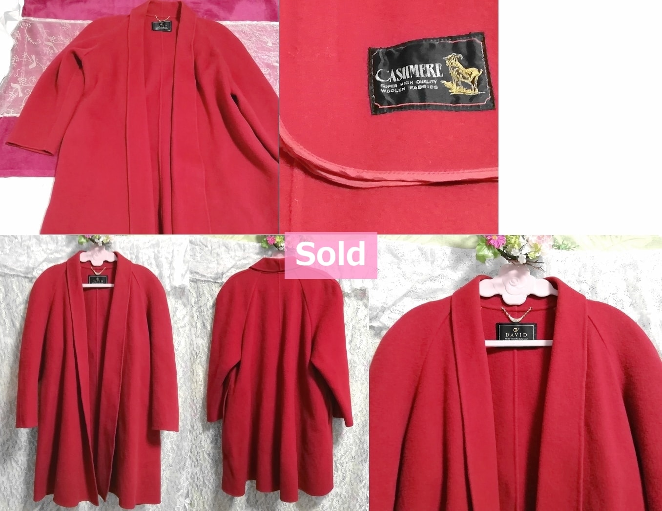 DAVID red cashmere cardigan haori / coat / cloak / outer Red cashmere cardigan coat mantle