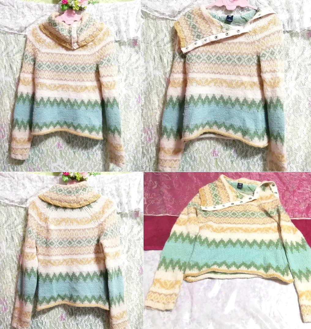 Yellow green floral white ethnic pattern turtleneck long sleeve sweater knit tops, knit, sweater, long sleeve, m size