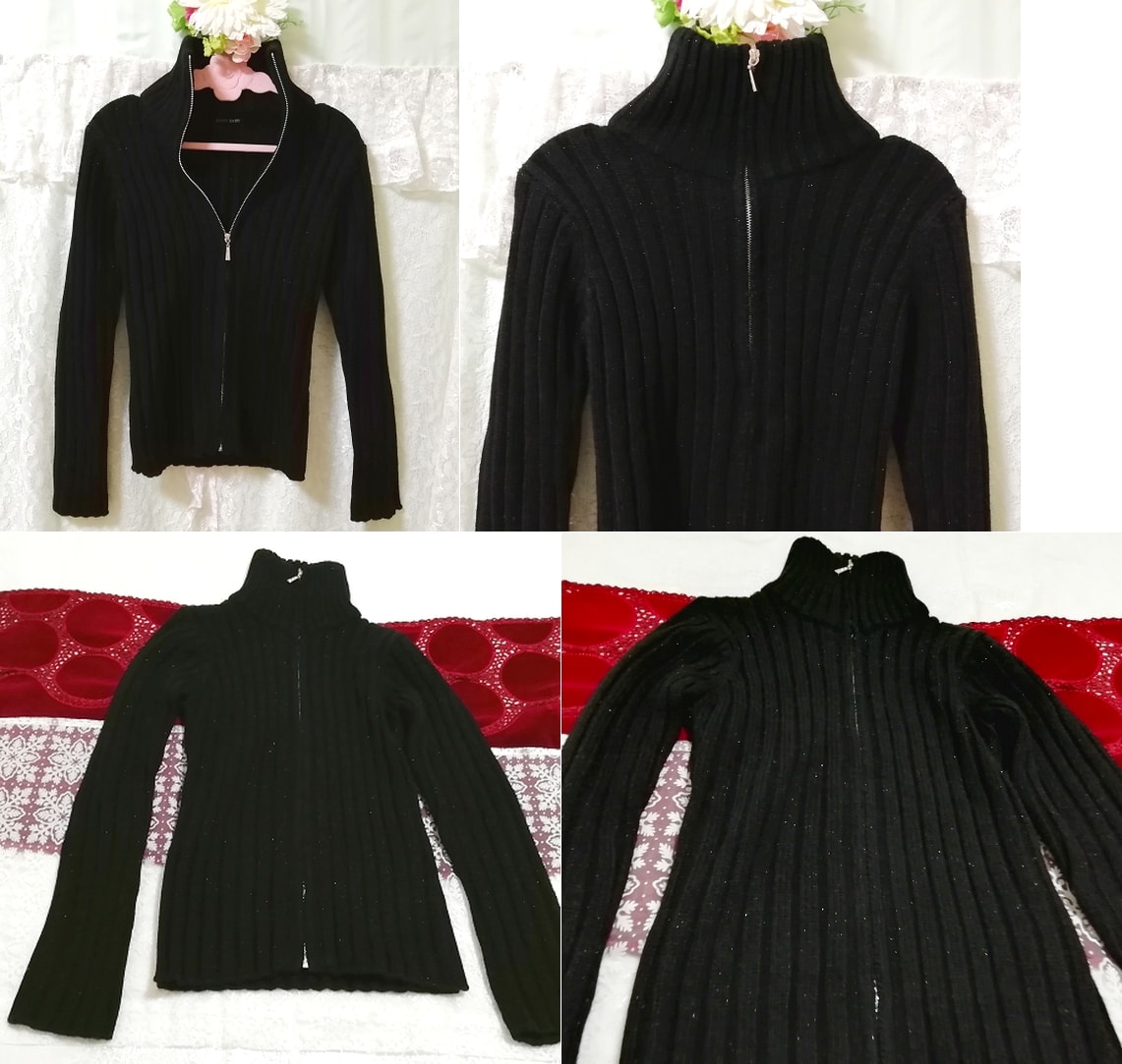 黒ニットタートルネックカーディガン Black knit turtleneck cardigan, レディースファッション, カーディガン, Mサイズ