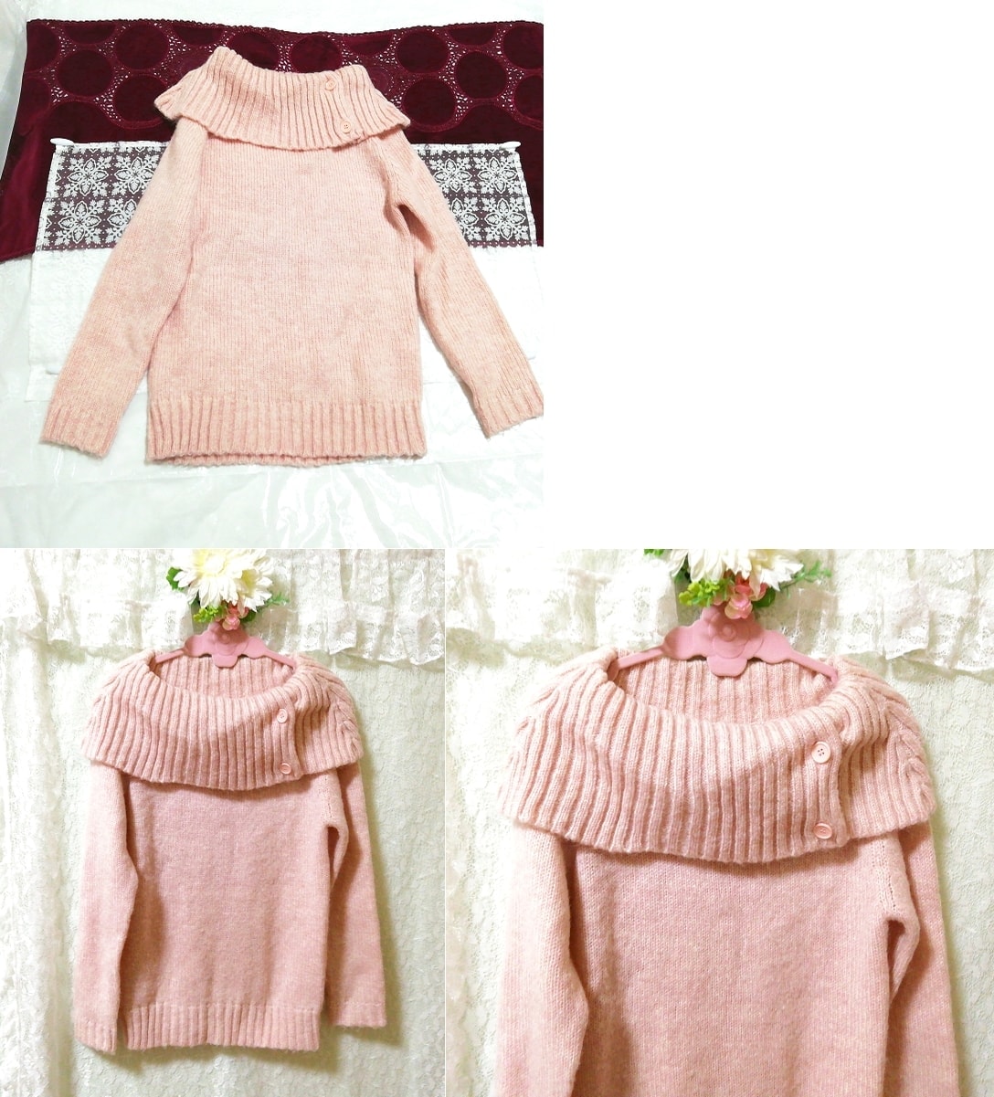 Pull en maille rose Sakura, tricoter, pull-over, manche longue, taille m