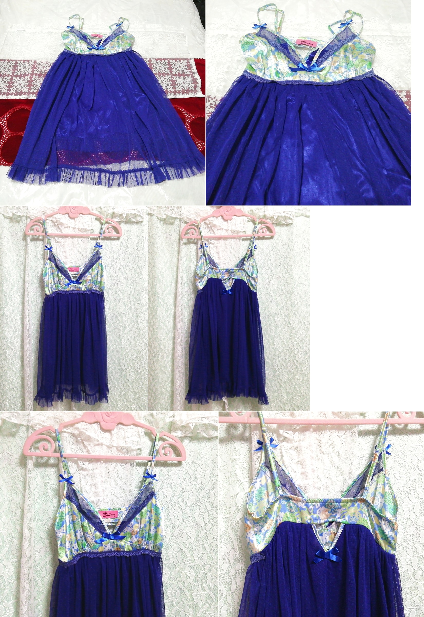 青緑レースネグリジェキャミソールワンピースベビードール Blue green lace negligee camisole babydoll dress, ファッション, レディースファッション, キャミソール