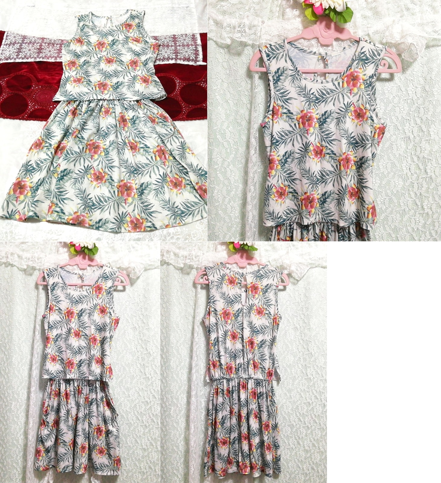 Green grass floral pattern two piece style sleeveless negligee nightgown mini dress, tunic, sleeveless, sleeveless, m size