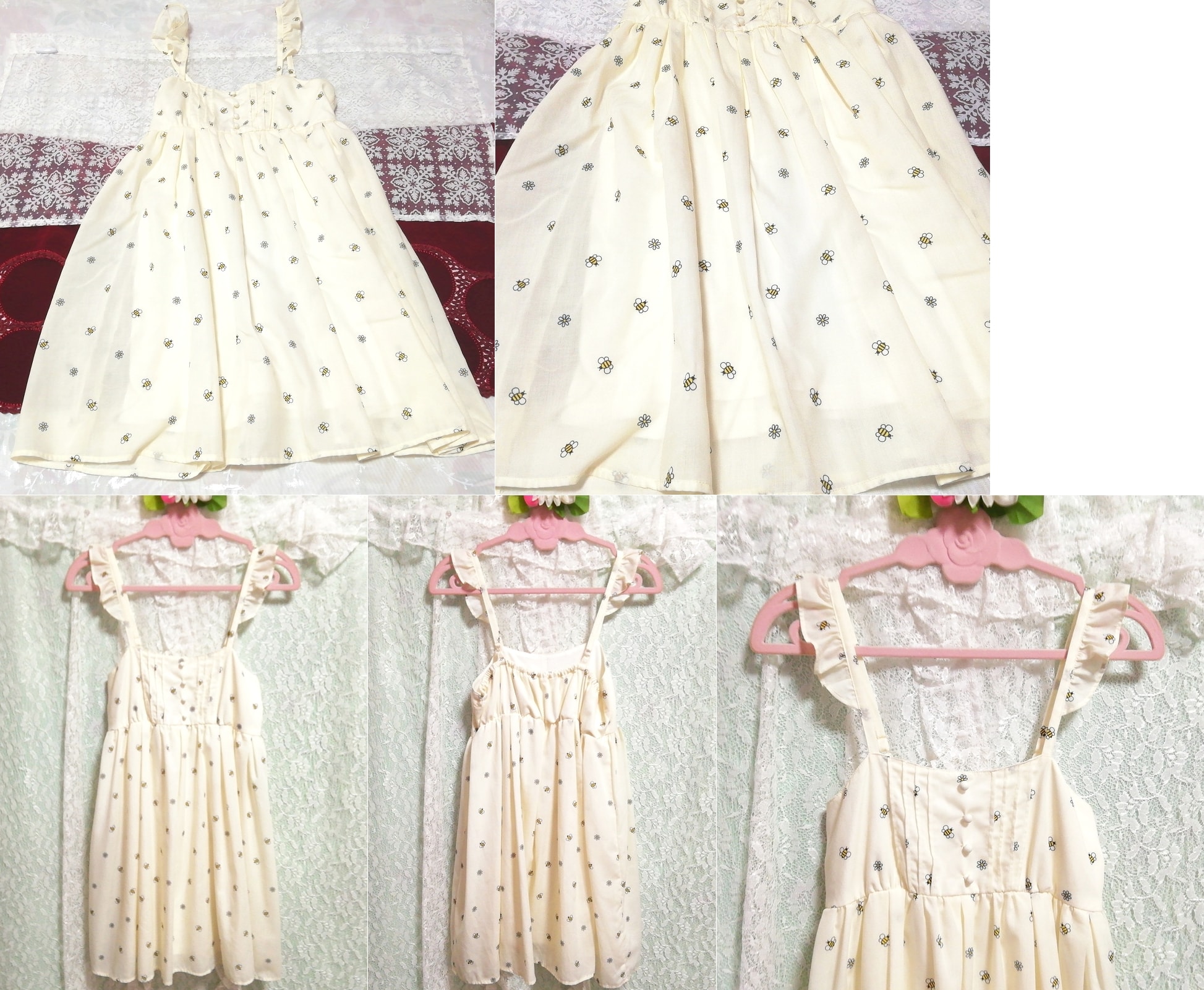 White bee pattern print chiffon negligee nightgown camisole babydoll dress, fashion, ladies' fashion, camisole
