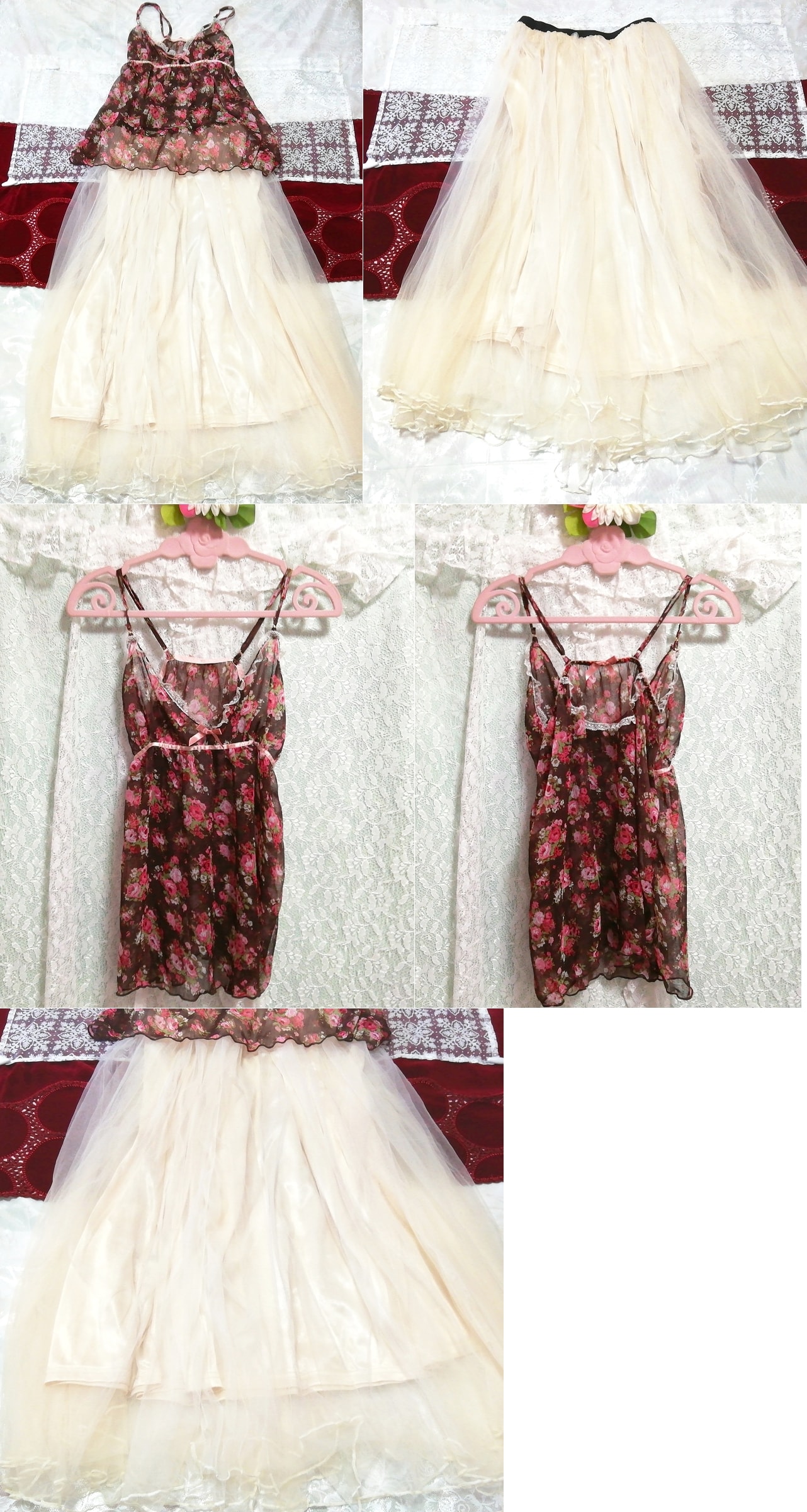 Camisón negligee camisola de gasa flor roja marrón floral falda larga blanca 2P, moda, moda para damas, ropa de dormir, pijama