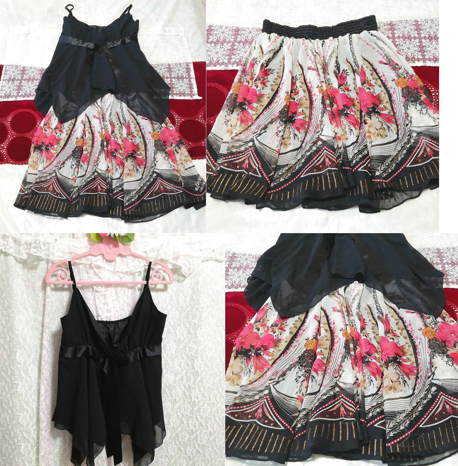 Black chiffon camisole negligee nightgown nightwear floral pattern skirt dress 2P, fashion, ladies' fashion, nightwear, pajamas
