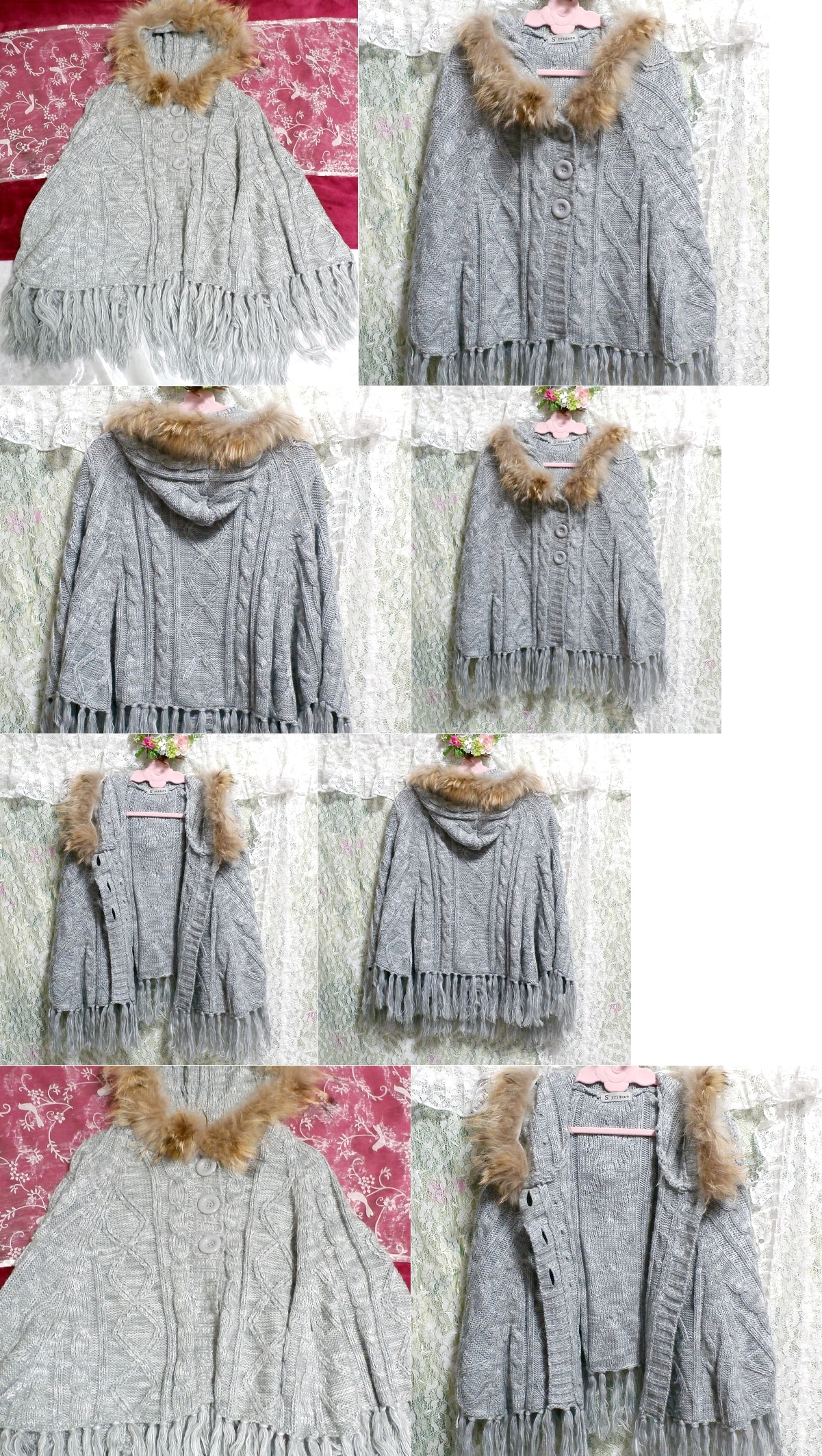 Cape poncho à franges en fourrure de raton laveur gris gris, mode féminine, veste, vêtements d'extérieur, poncho