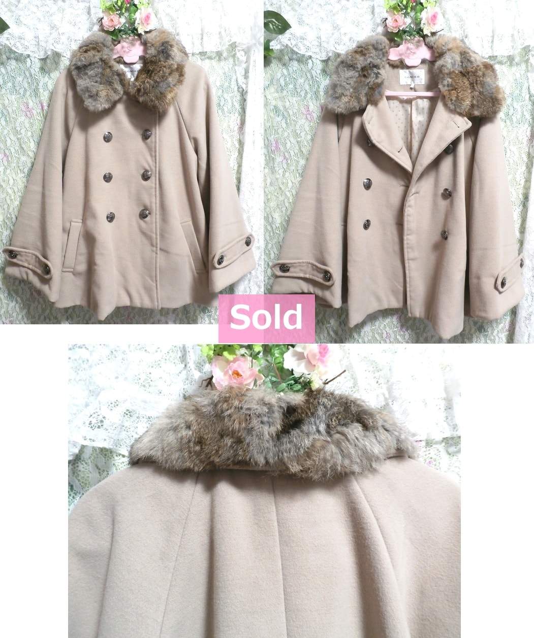 Cute beige pink rabbit fluffy poncho style fur coat