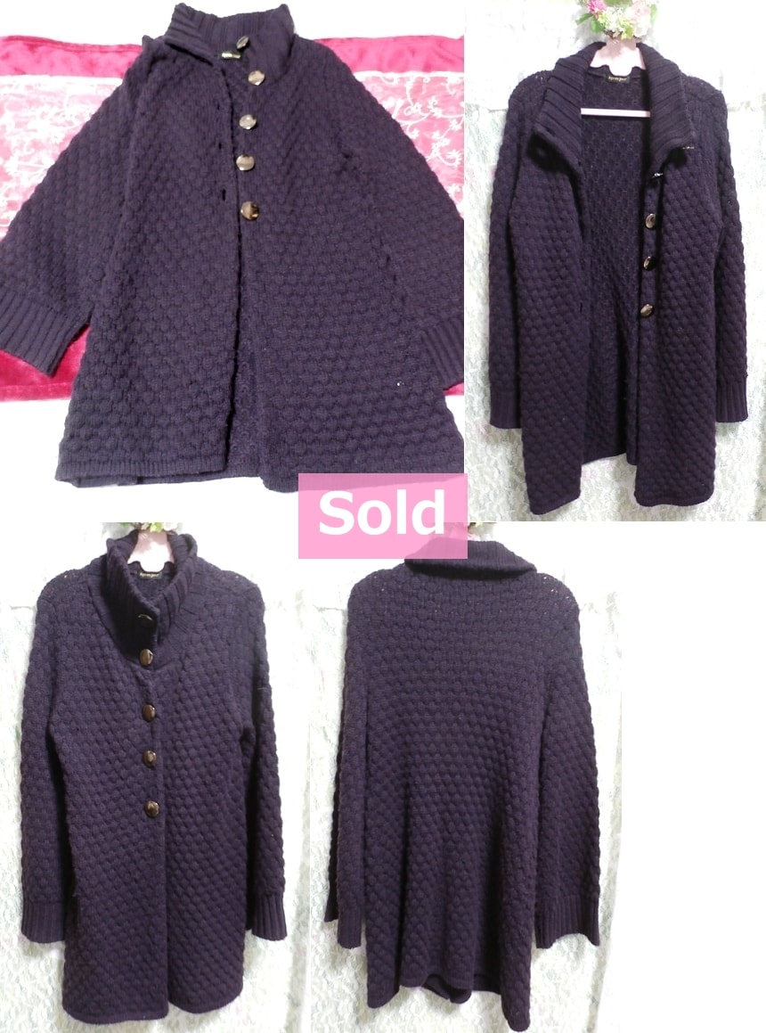 紫パープルの手編みロングカーディガン/羽織 Purple knit long cardigan/coat, レディースファッション&カーディガン&Mサイズ