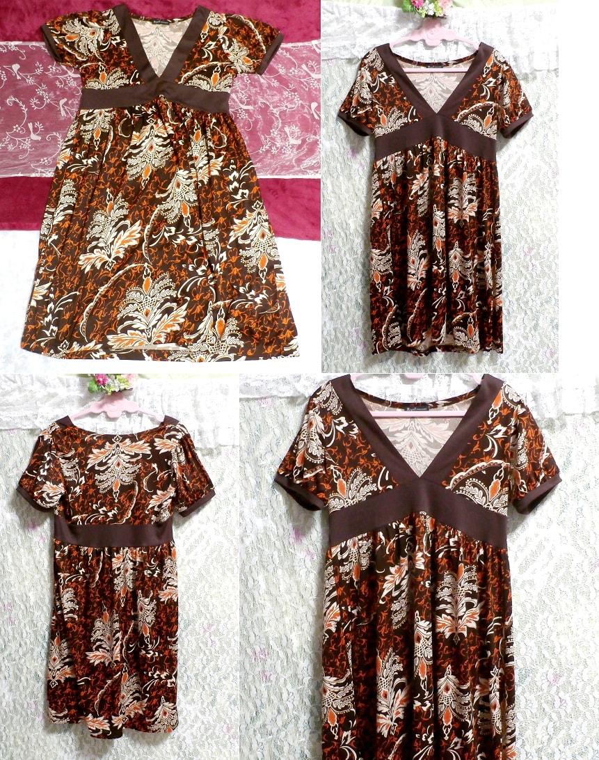 Brown v-neck ethnic pattern short sleeve negligee nightgown tunic dress, tunic, short sleeve, m size