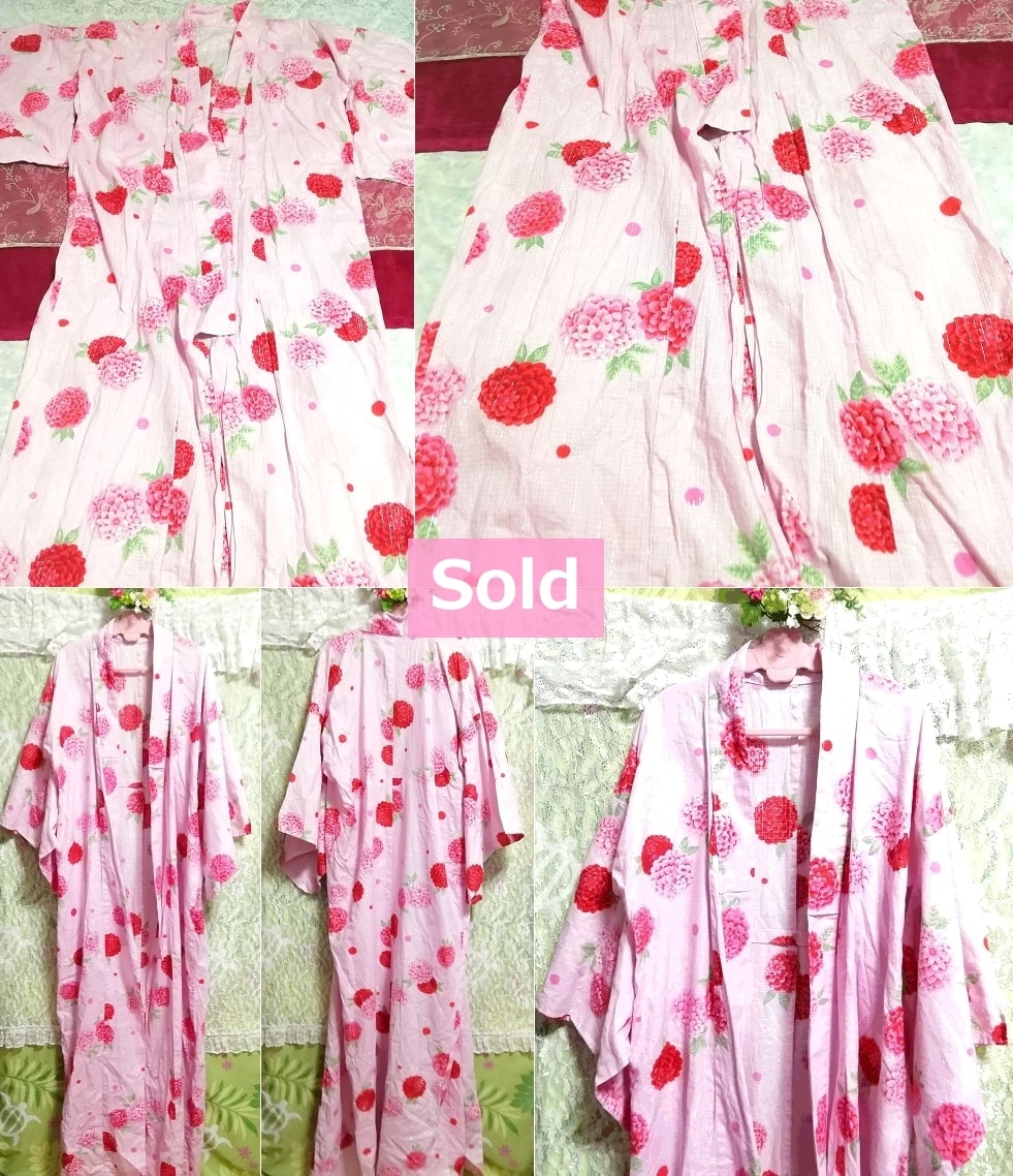 Pink pink red rose pattern print yukata / Japanese clothes / kimono Peach color pink red rose pattern print yukata / Japanese clothes / kimono