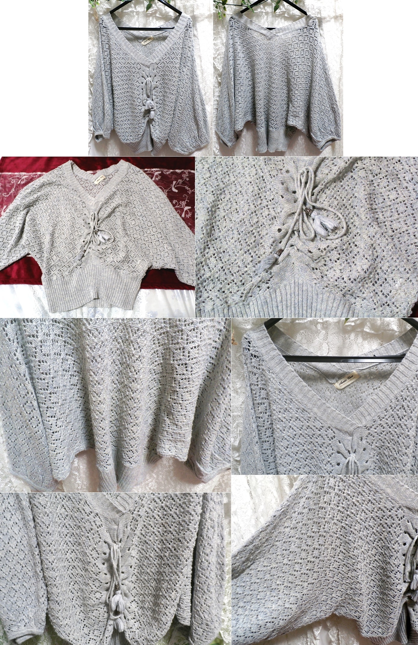 灰グレー水色ポンチョ型編みレース/セーター/ニット/羽織 Gray light blue poncho shape lace/sweater/knit/coat, レディースファッション, カーディガン, Mサイズ