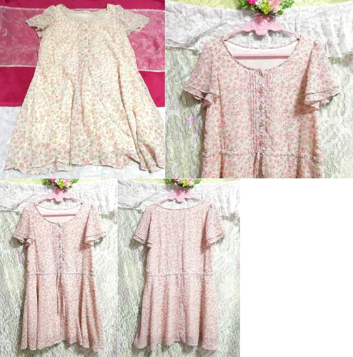 Pale pink floral pattern chiffon beautiful button negligee nightgown short sleeve tunic dress, mini skirt, m size