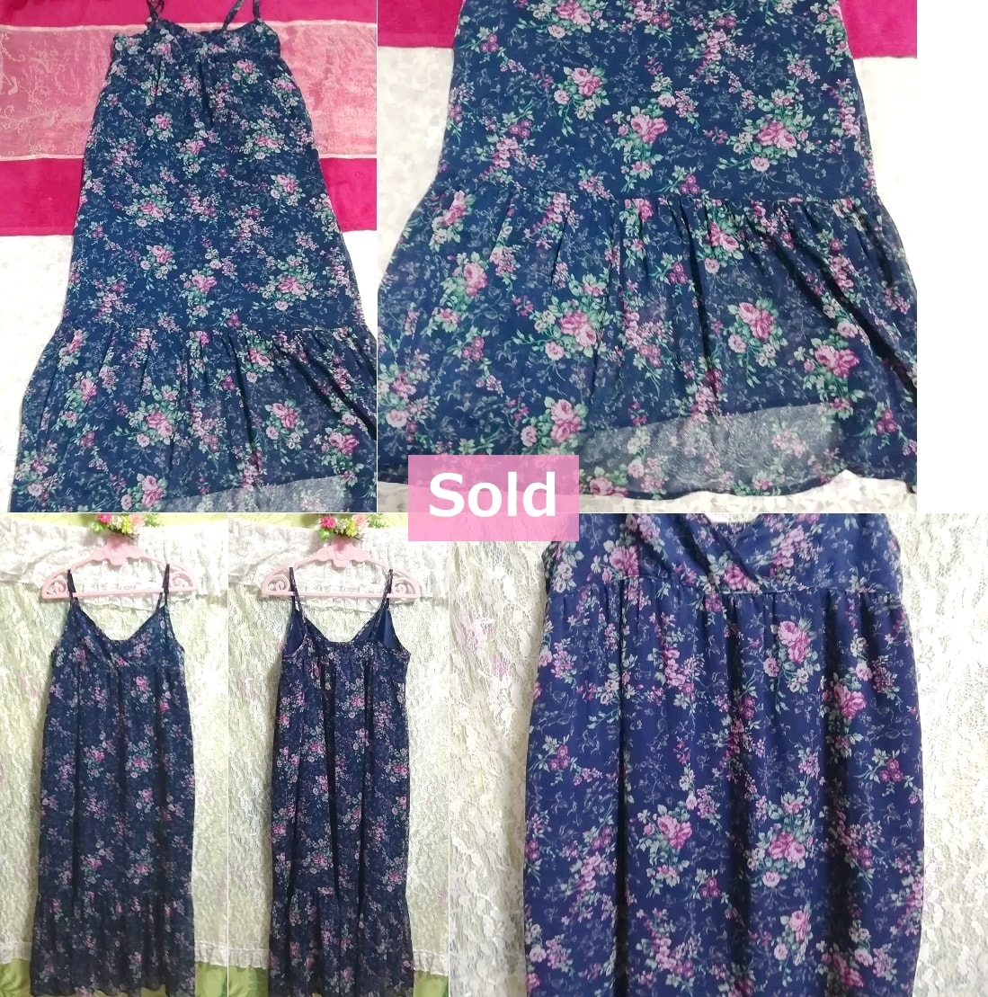 Navy flower pattern chiffon camisole maxi one piece, dress & long skirt & L size