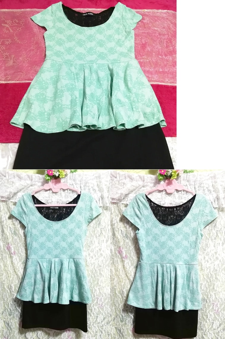 Green lace black skirt negligee nightgown tunic dress, tunic, short sleeve, m size
