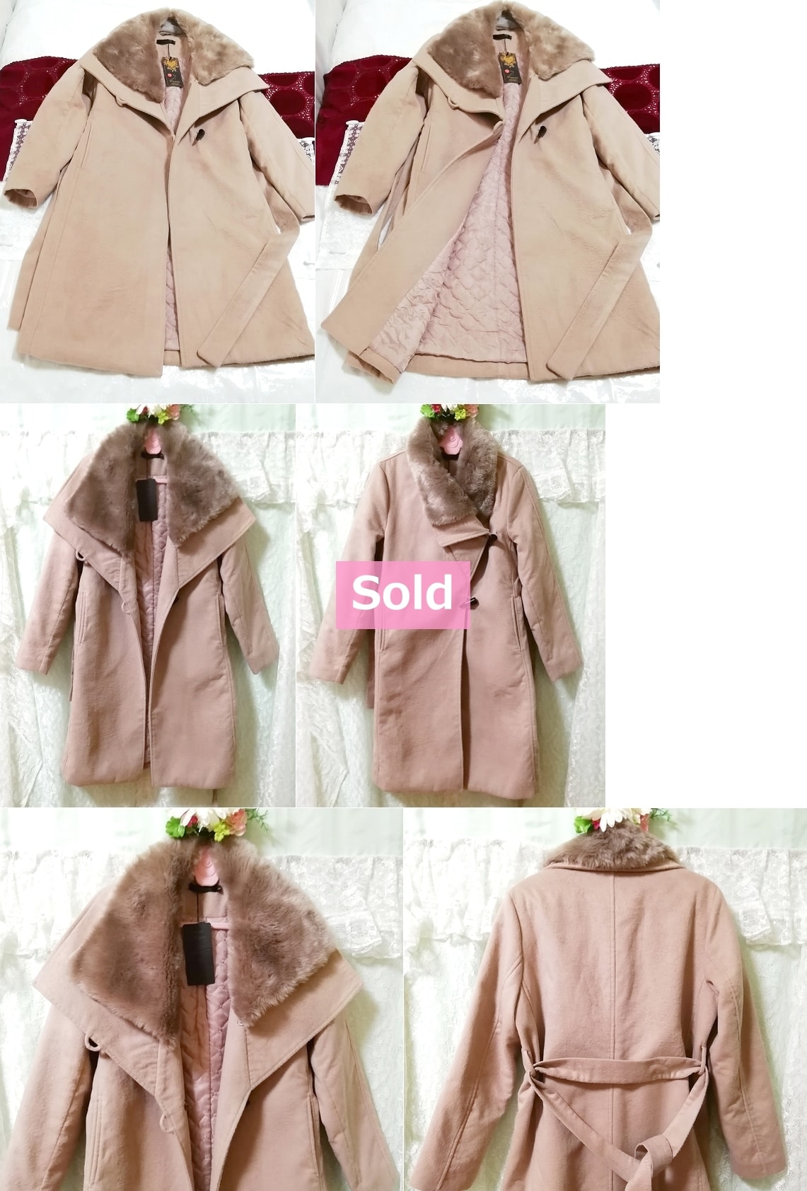 Daysiec 长款大衣，带粉色米色标签，大衣和大衣一般和 M 码