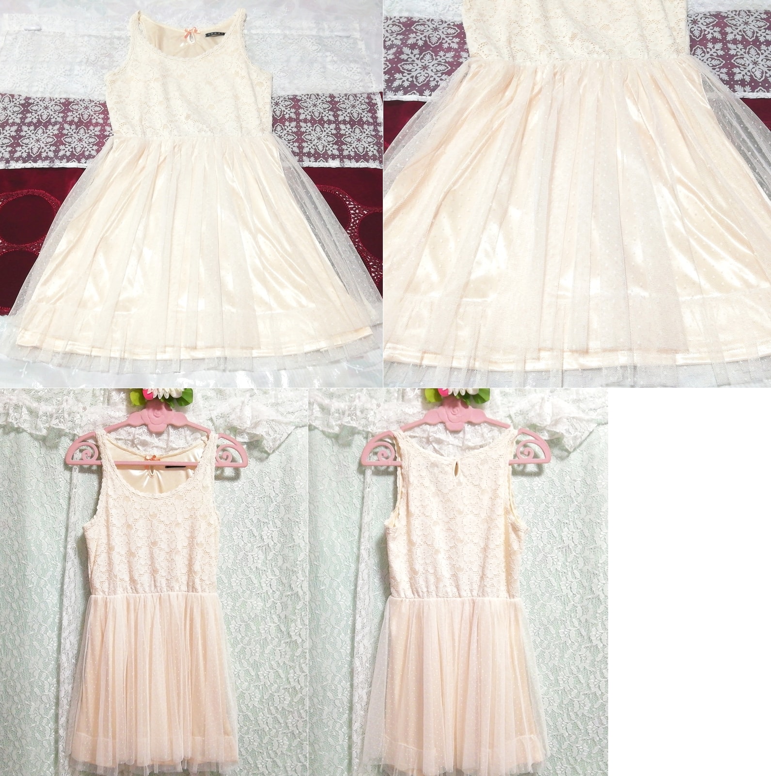 ピンク白レースチュールスカート ノースリーブ ネグリジェ ミニワンピース Pink white lace tulle skirt sleeveless negligee mini dress, ワンピース, ミニスカート, Mサイズ