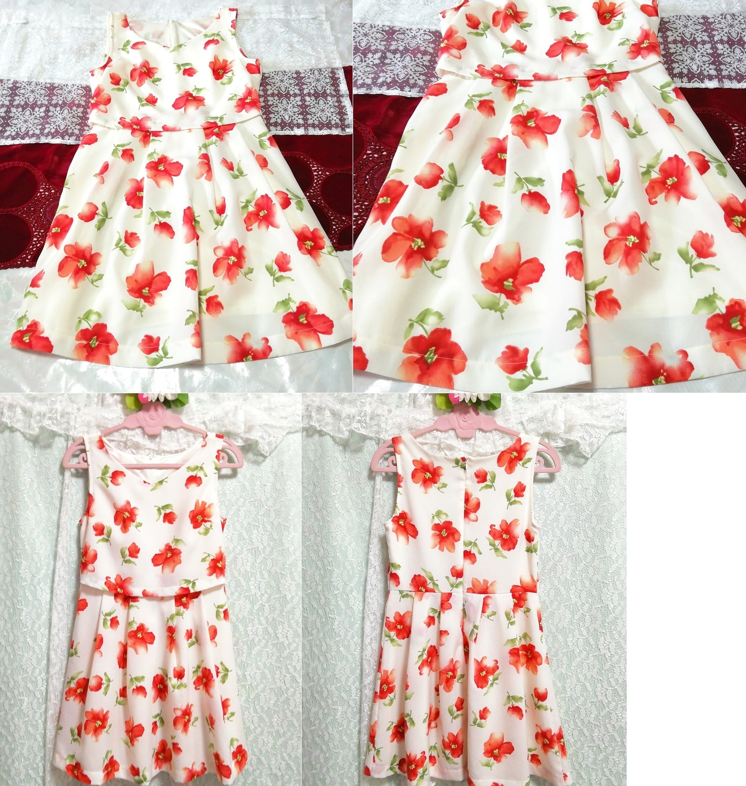 Minivestido camisón camisón bata sin mangas de gasa con estampado floral verde rojo blanco, mini falda, talla m