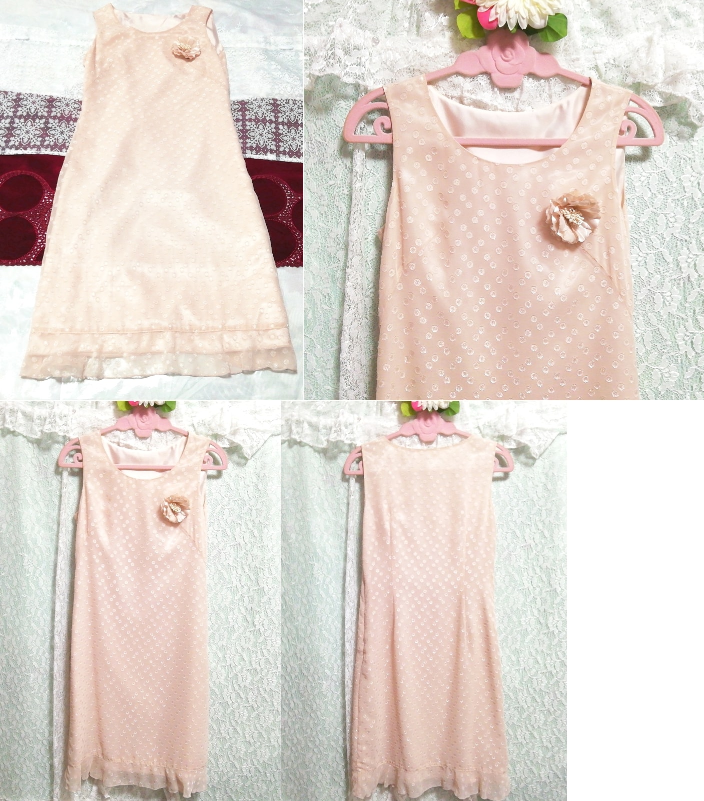 Flaxen pink rose corsage chiffon negligee nightgown sleeveless one piece dress, fashion, ladies' fashion, nightwear, pajamas