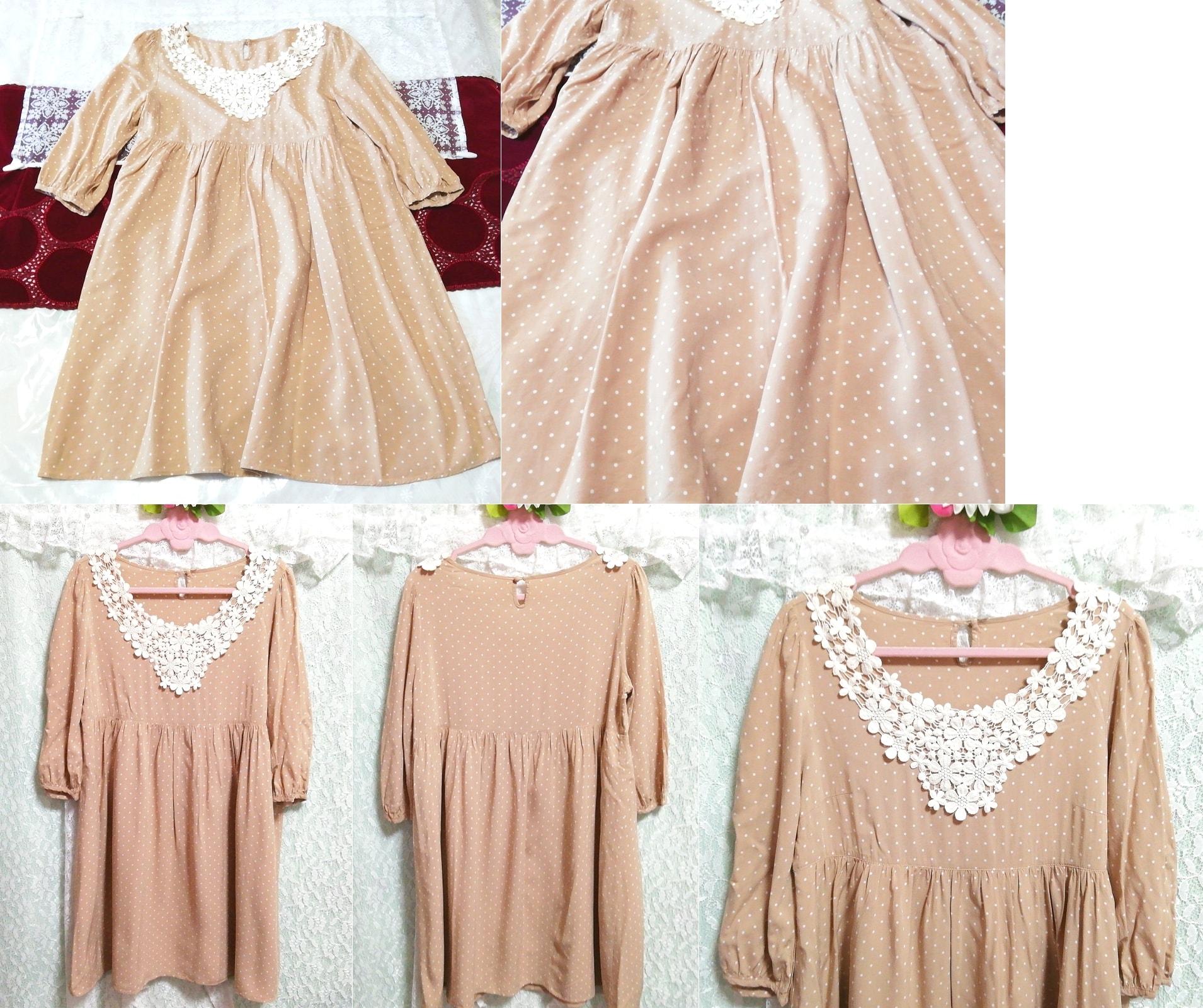 Light brown white polka dot long sleeve tunic negligee nightgown nightwear dress, tunic, long sleeve, m size